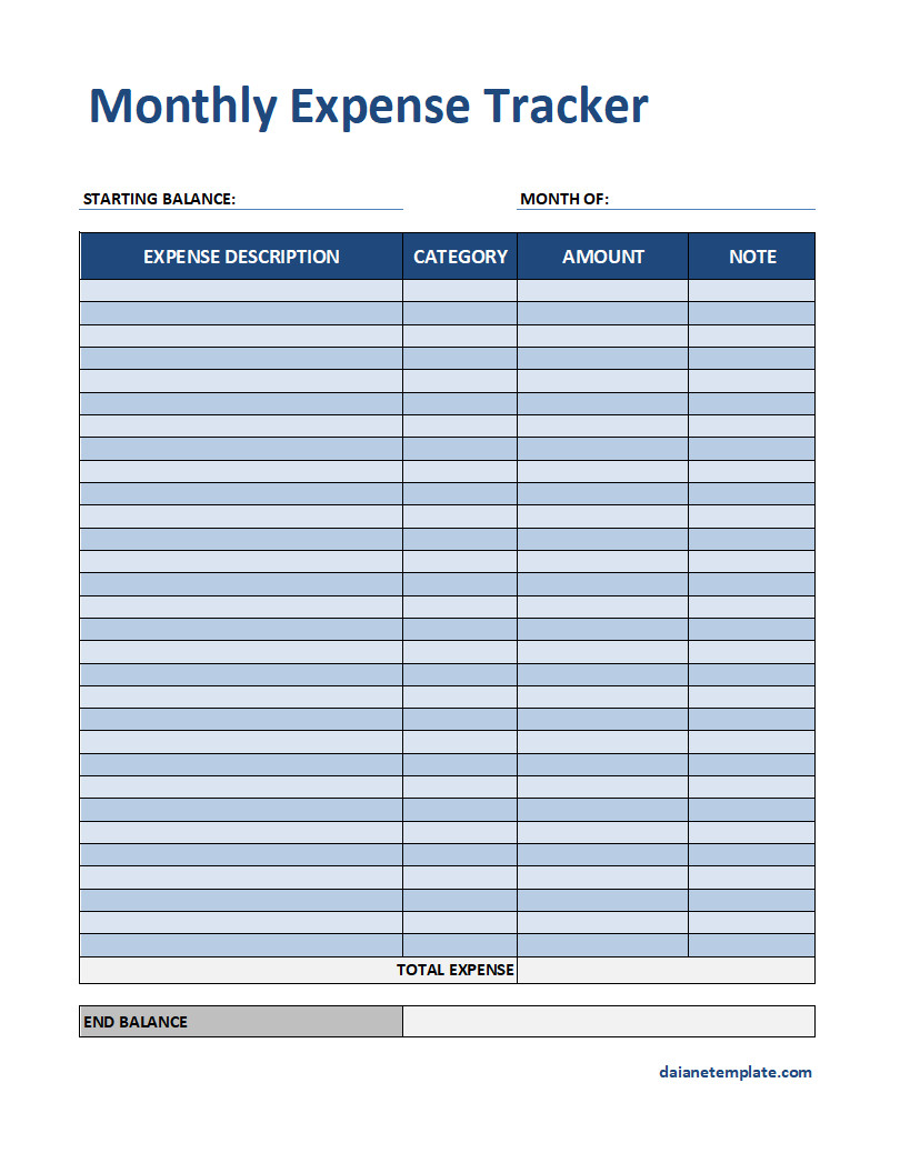 Editable Monthly Expense Tracker Template with Spaces for Recording Daily Spending, Monthly Totals, and Financial Notes