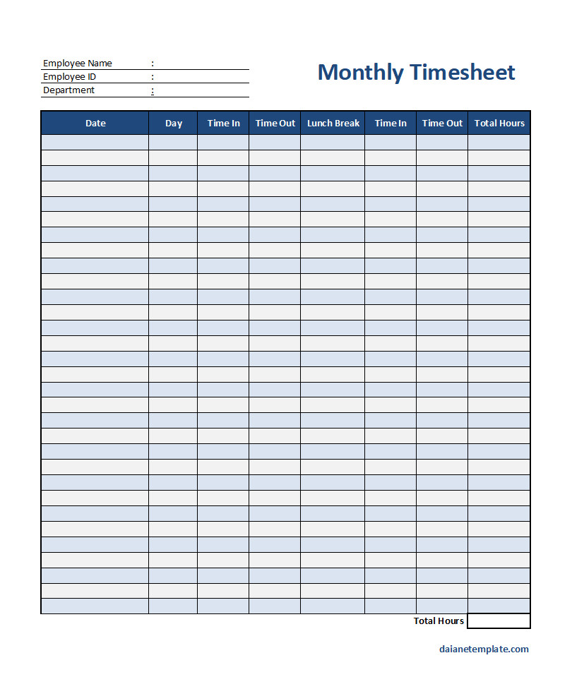 Sample Monthly Timesheet Template Featuring Fields for Tracking Daily Hours Worked, Overtime, and Total Monthly Hours