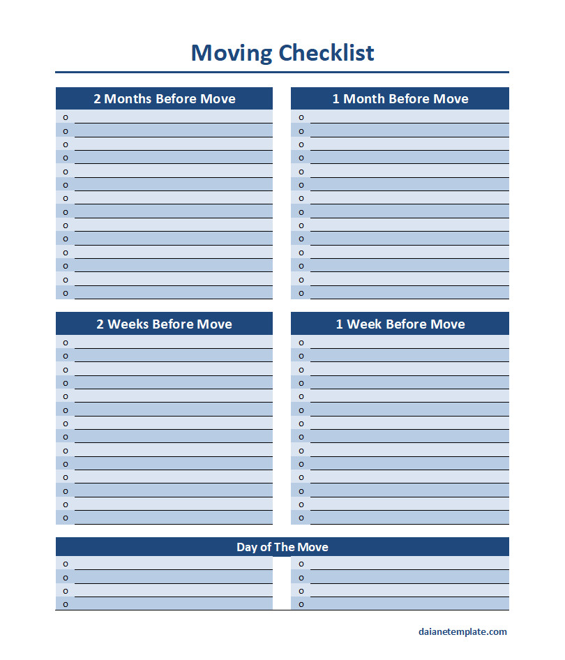 Comprehensive moving checklist template designed to help users plan their move, including timelines for packing, utilities, and change of address.