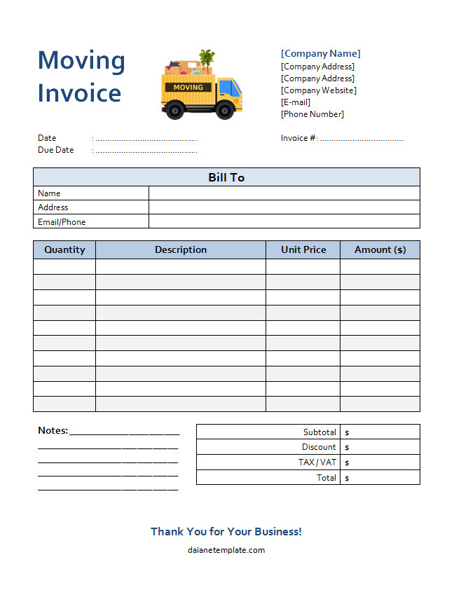 Professional moving company invoice template for documenting moving service charges