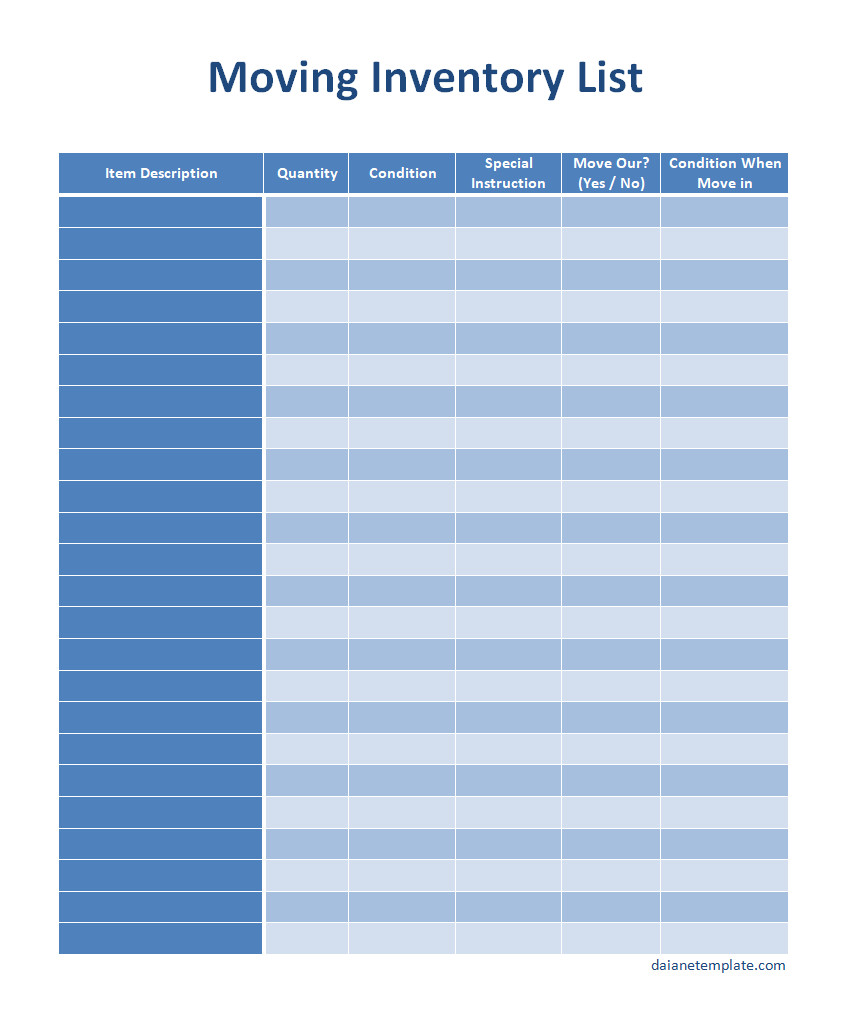 Organized moving inventory list template with sections for item descriptions, room locations, and condition notes