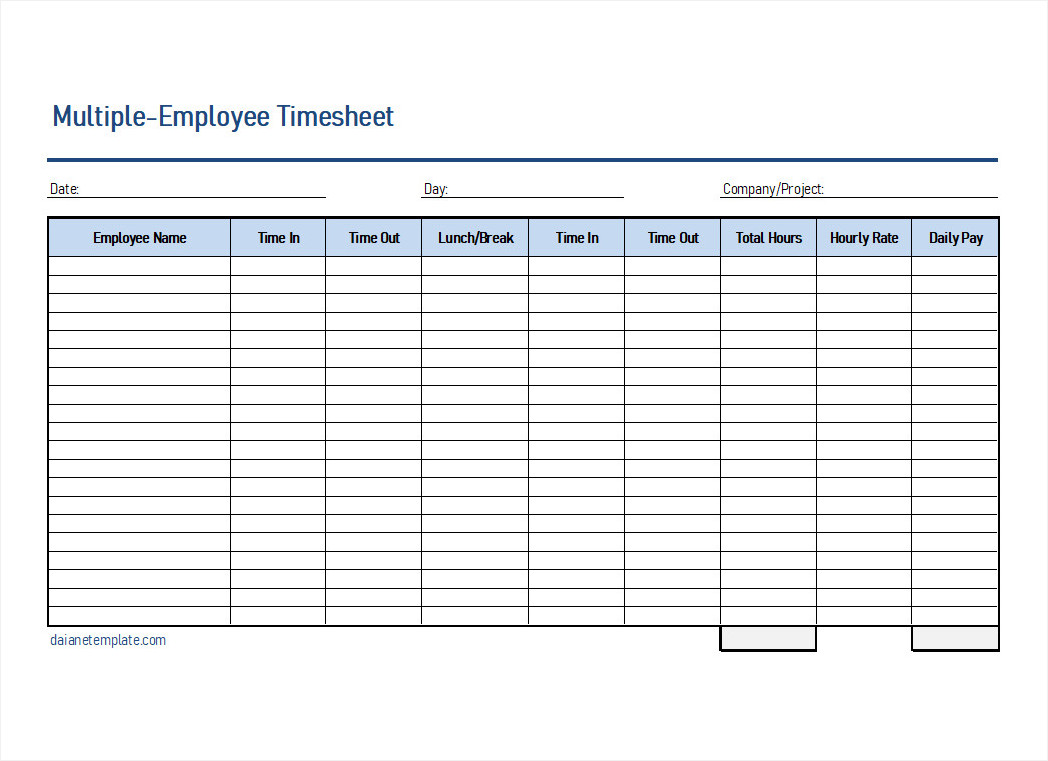 Detailed multiple-employee timesheet template featuring columns for dates, employee IDs, start and end times, break periods, and daily totals.