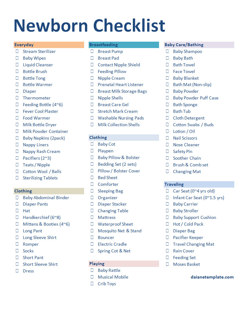 Comprehensive newborn checklist template featuring a clean layout with sections for baby essentials, including clothing, feeding supplies, and nursery items.