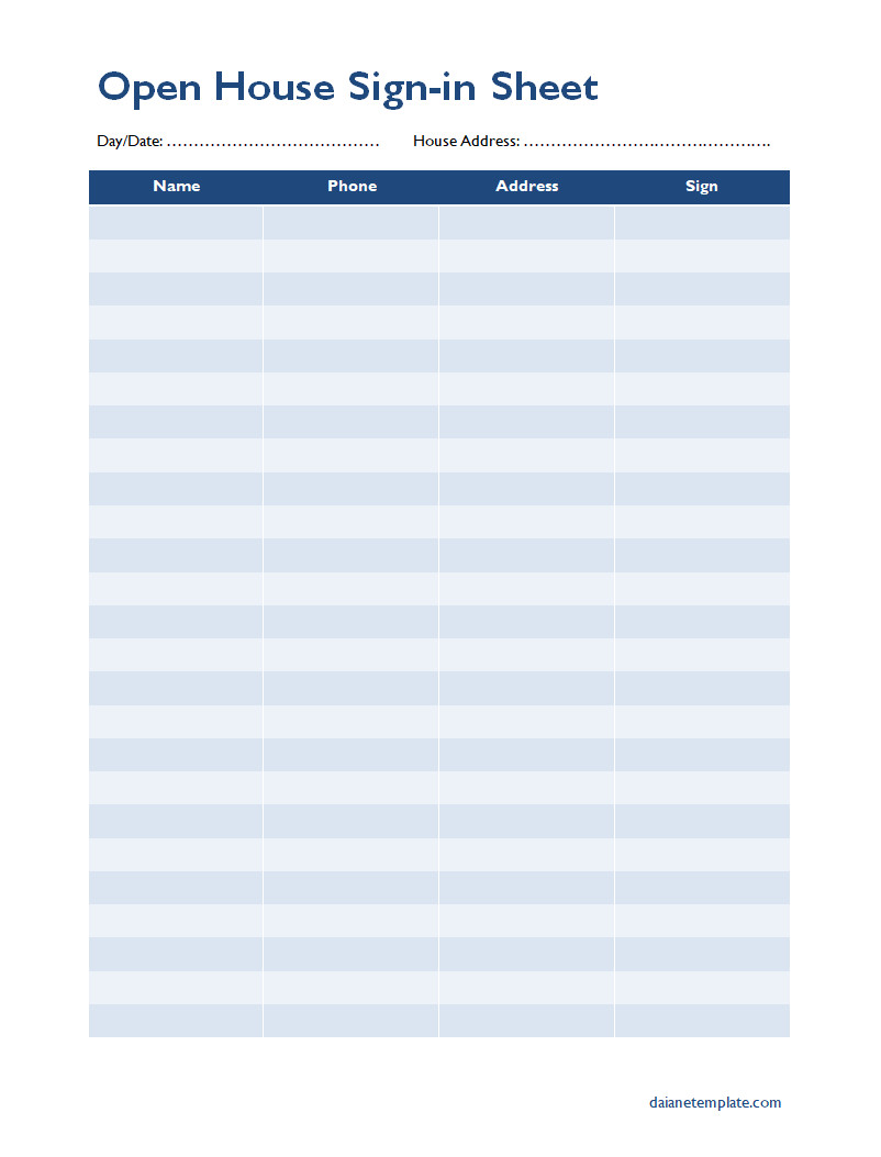 Simple and organized open house sign-in sheet template for tracking attendees and collecting details.