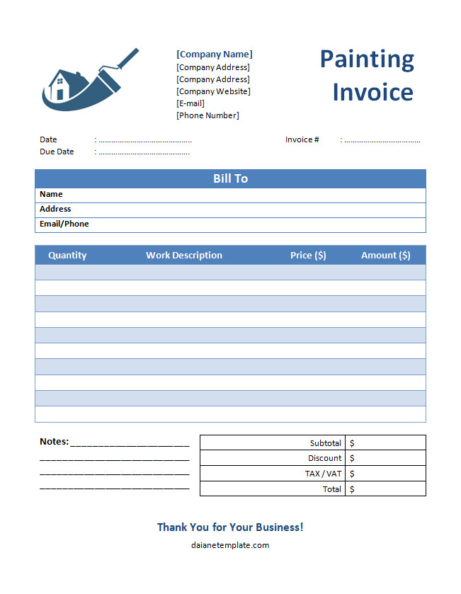 Painting Invoice Template with Sections for Labor, Paint Materials, and Total Charges