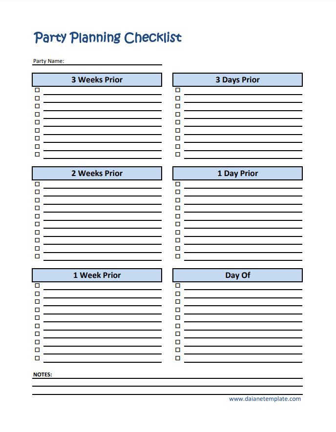 Customizable party planning checklist template for organizing event details.