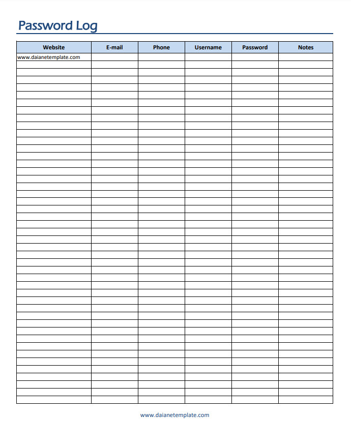 Password log template featuring sections for website names, usernames, and passwords.