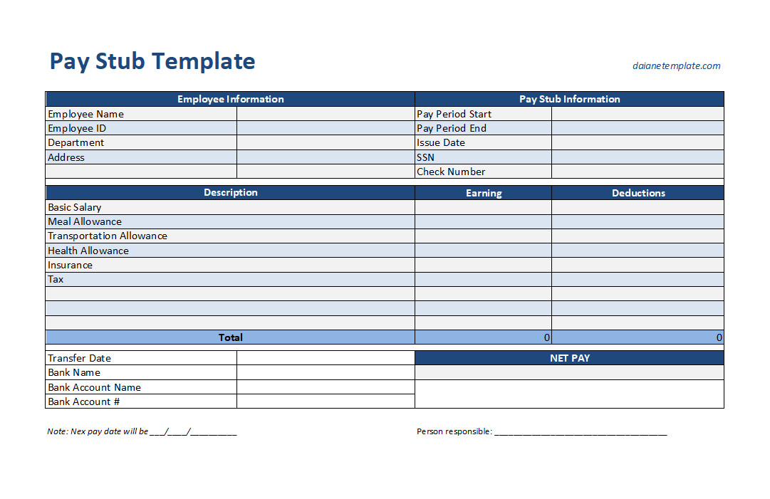 Pay Stub Template with Sections for Employee Information, Earnings, Deductions, and Net Pay