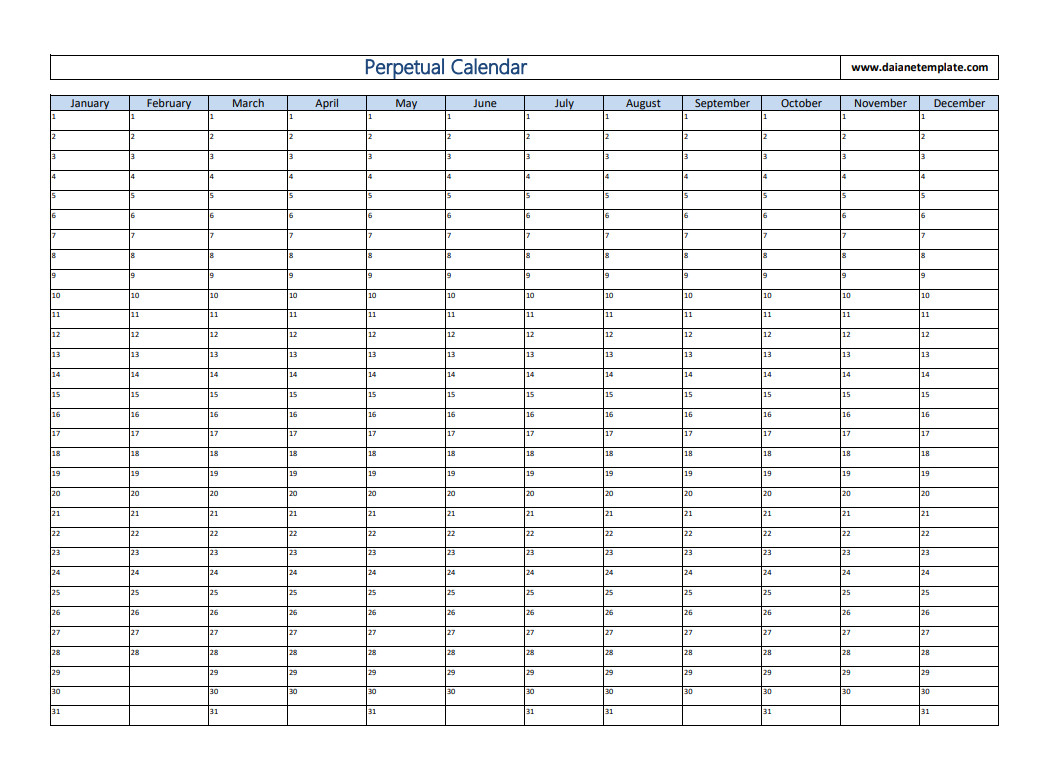 Professional perpetual calendar template with clear fields for organizing schedules, appointments, and reminders.