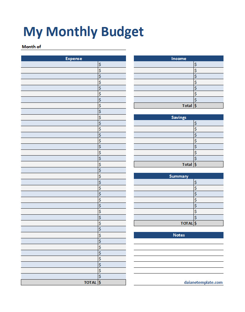 Personal Monthly Budget Template with Sections for Income, Expenses, Savings, and Total Balance