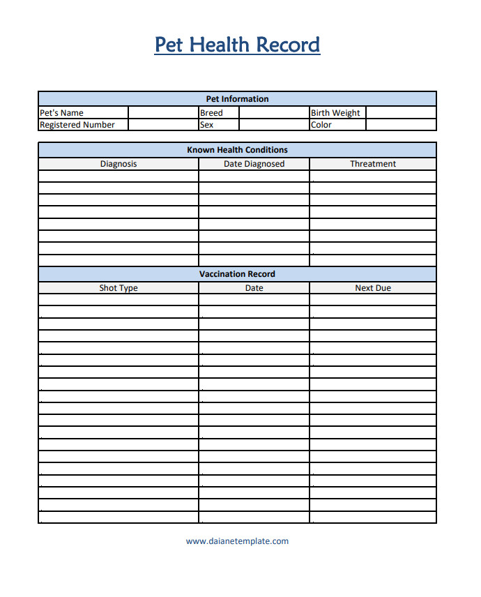 Pet health record template featuring sections for vaccination history, medical treatments, and vet visits.