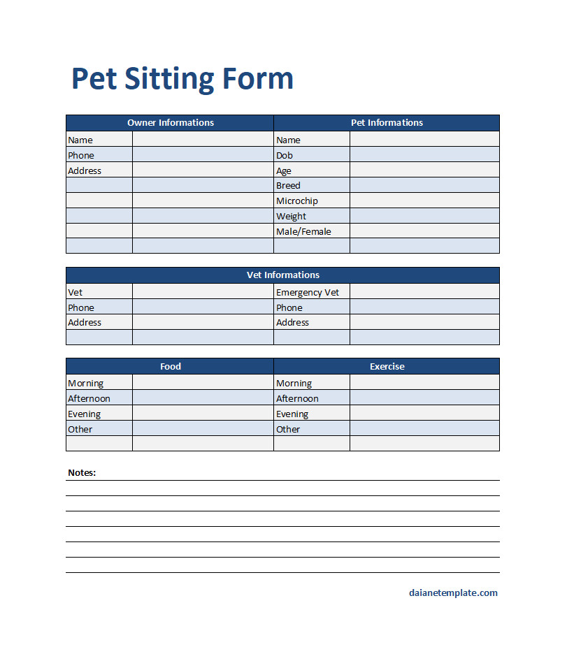 Pet Sitting Form with Sections for Pet Information, Owner Details, and Care Instructions