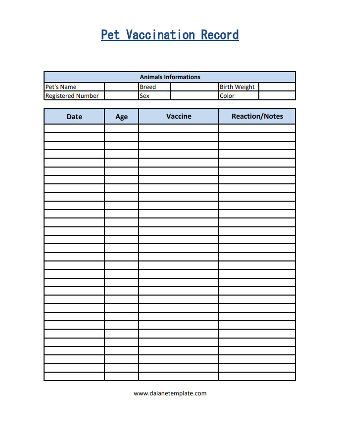 Professional pet vaccination record template with clear fields for documenting vaccine types, administration dates, and pet information.