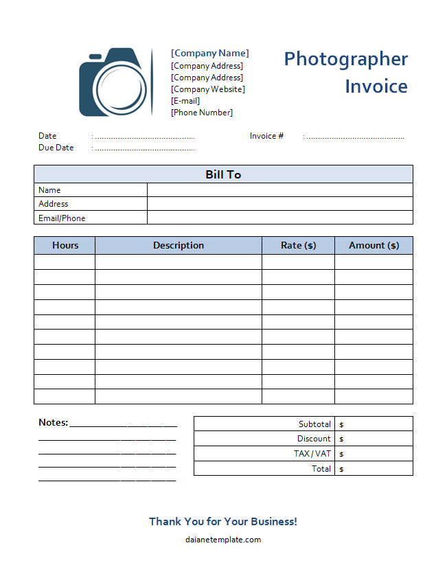 Photographer invoice template with sections for client details, photography services, and total amount due