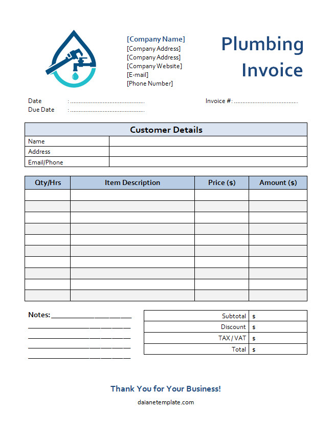 Plumbing invoice template with sections for client details, plumbing services, and total charges