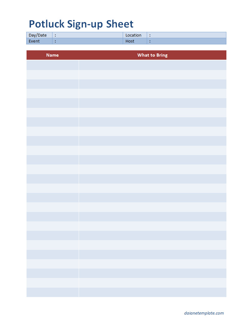 Simple potluck sign-up sheet template designed to track attendees and their assigned food items for the gathering.