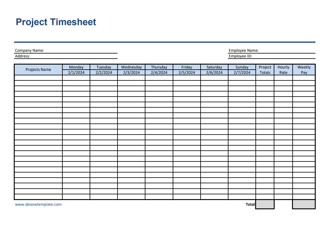 Professional project timesheet template displaying weekly work hours, project tasks, and approval signatures.