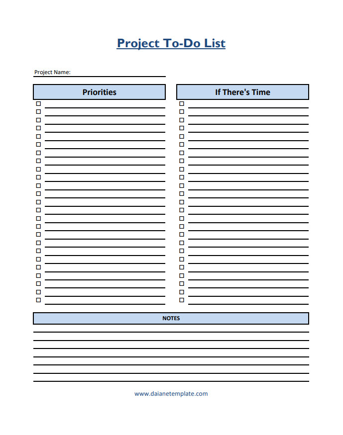 Project to-do list template featuring sections for tasks, deadlines, and priority levels, ideal for project management.