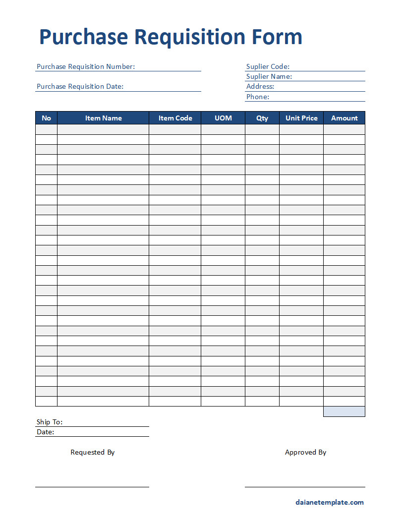 Purchase Requisition Form with Sections for Item Description, Quantity, Cost Estimate, and Approval Signature