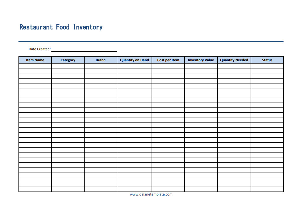 Professional restaurant food inventory template displaying item descriptions, unit prices, and total inventory value.