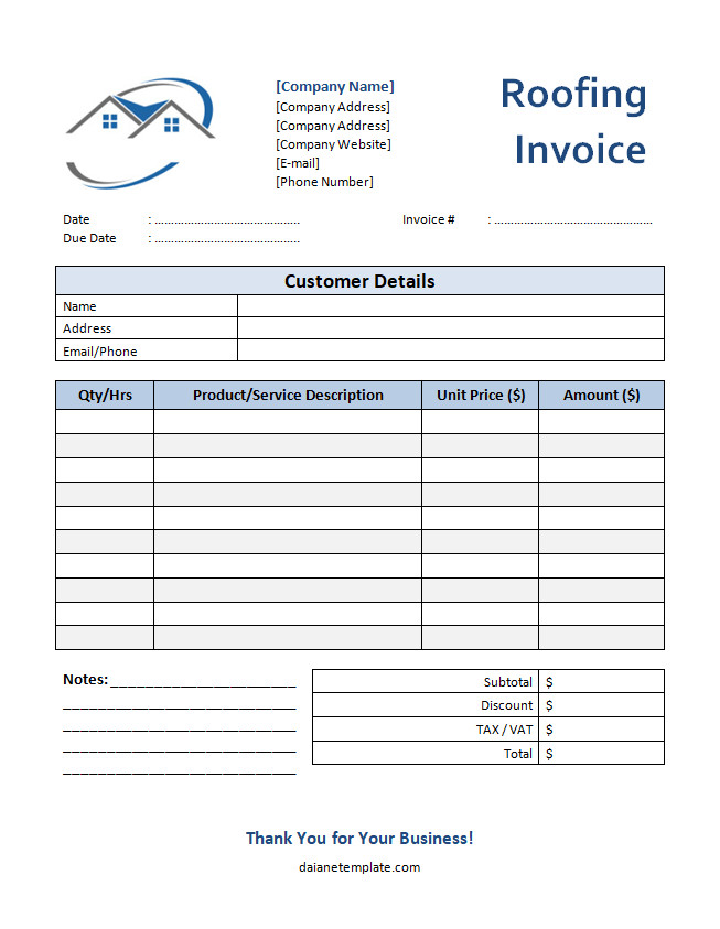 Roofing invoice template with sections for client information, roofing services provided, and total cost