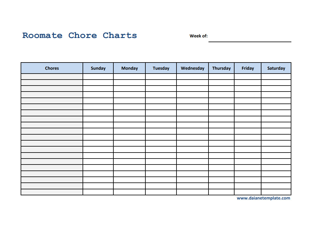 Customizable roommate chore chart template featuring weekly chores, assigned roommates, and due dates.