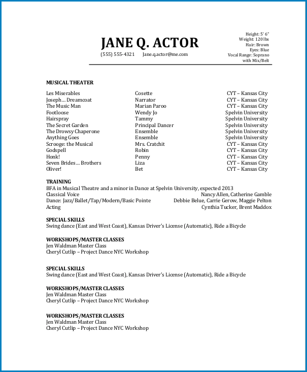 Sample of Acting Resume Template No Experience