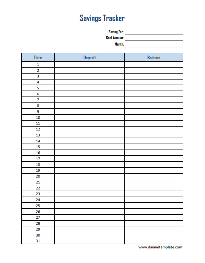 Professional savings tracker template displaying a table for tracking deposits, total saved, and remaining goal amount.