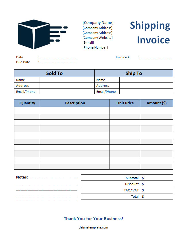 Template for shipping invoice showing a structured layout for listing shipment items, weight, and total charges.