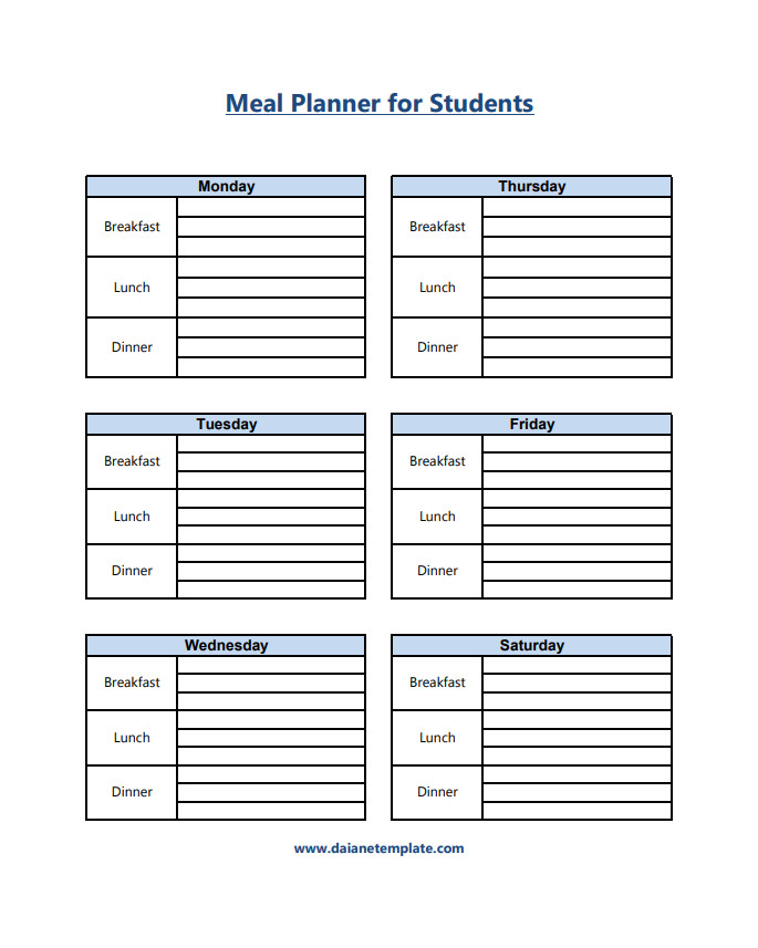 A student meal planner template with sections for breakfast, lunch, dinner, and snacks for each day of the week.