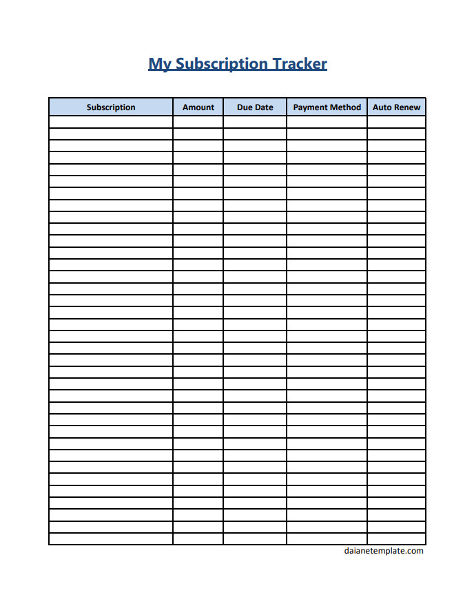 Organized subscription tracker template displaying a list of subscriptions, amount, due date, payment method, and auto-renew subscription statuses.