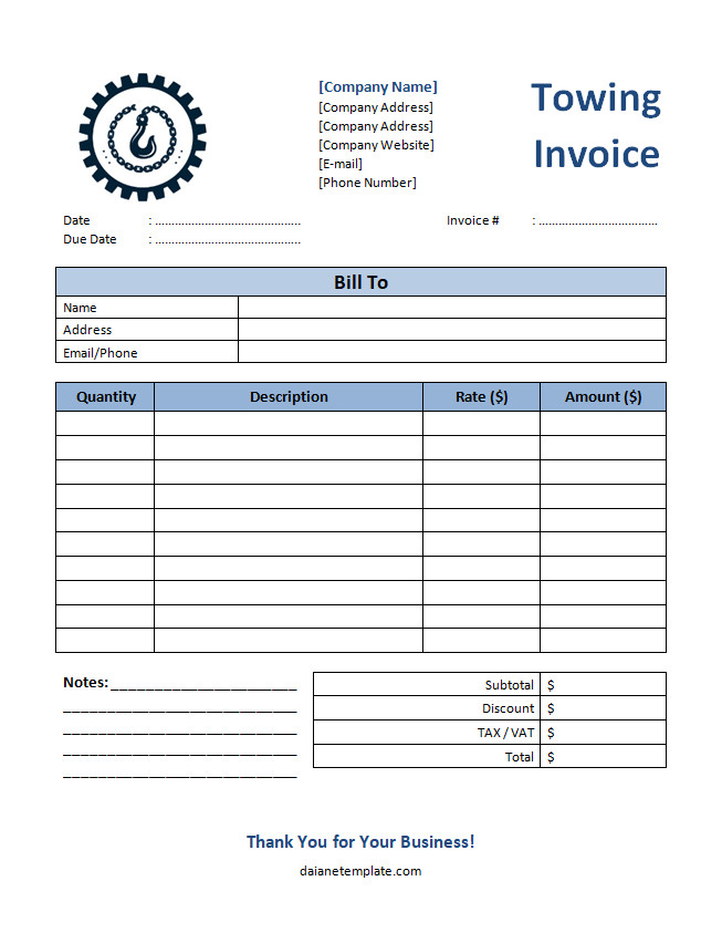 Towing invoice template featuring fields for client information, service date, and total amount due.