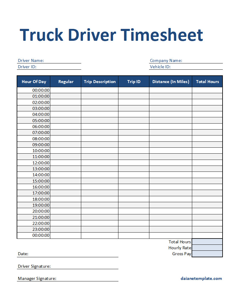 Truck Driver Timesheet Template with Sections for Logging Drive Hours, Routes, and Break Times