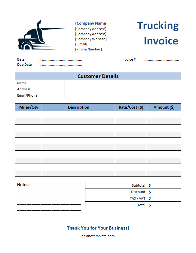 Template for trucking invoice showing a detailed layout for listing delivery services, mileage, and total fees.