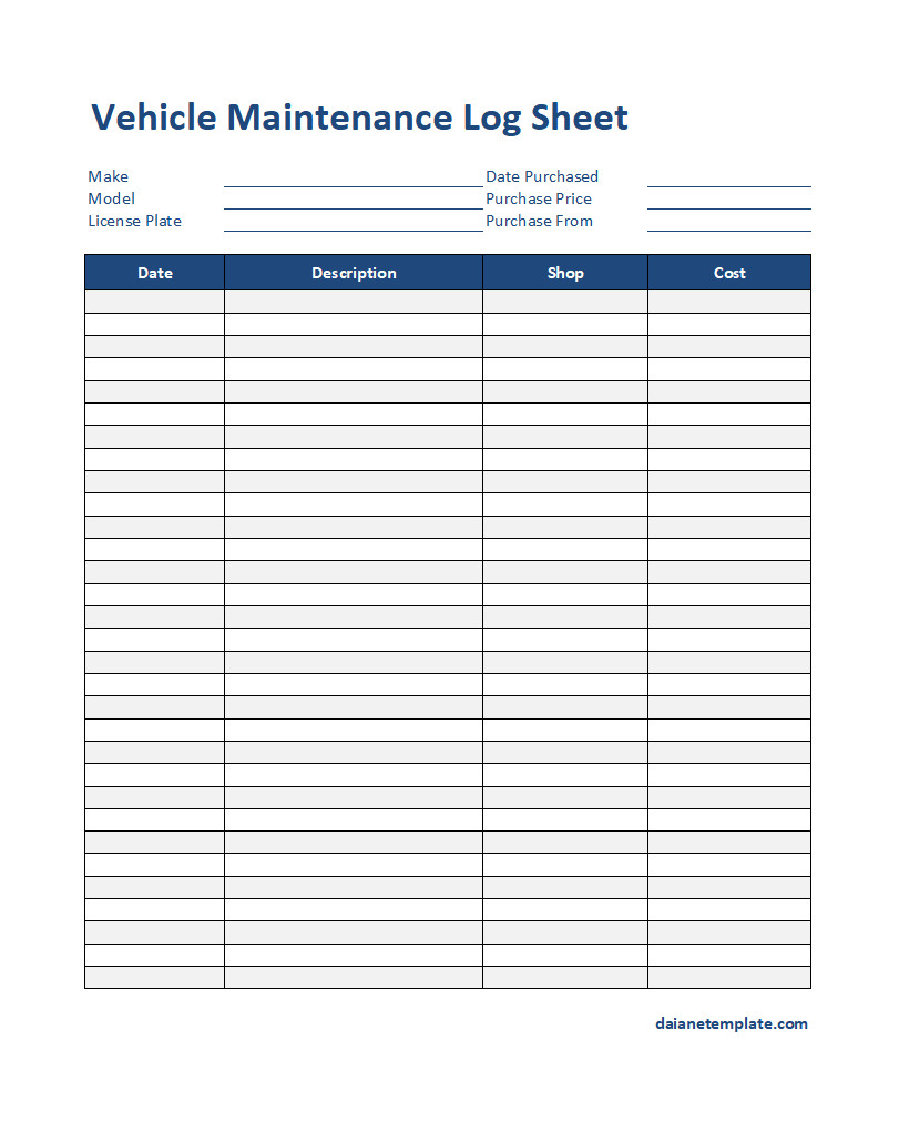 Sample Vehicle Maintenance Log Sheet Template Featuring Fields for Tracking Repairs, Oil Changes, and Part Replacements