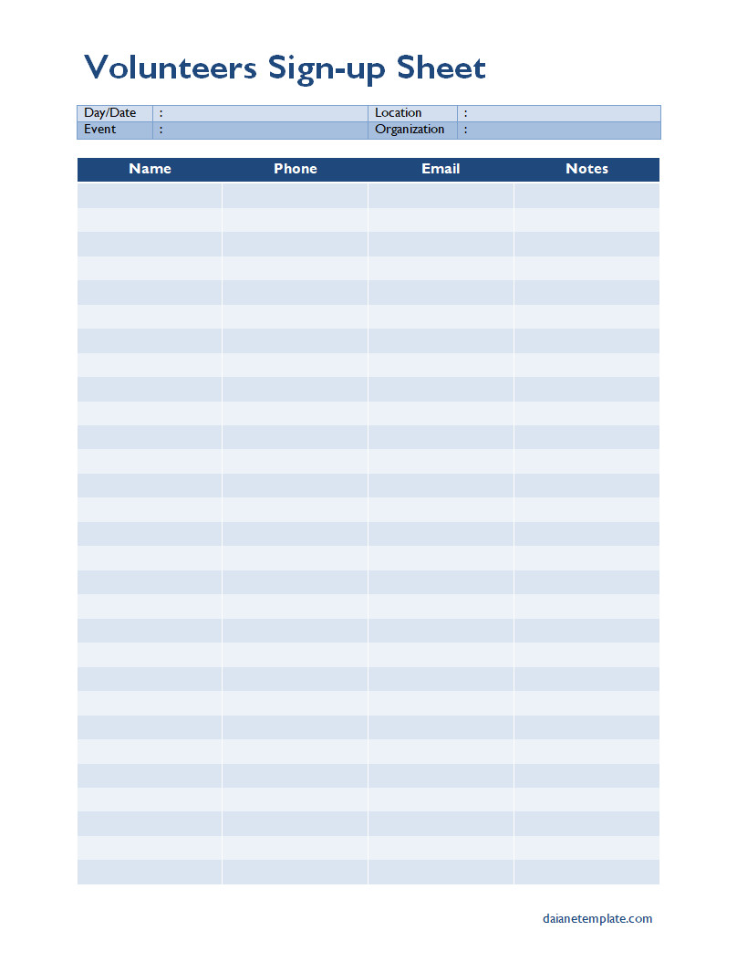 Printable volunteer sign-up sheet template featuring spaces for shift times and task assignments