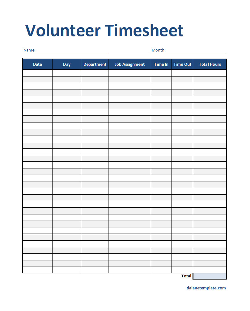 Sample Volunteer Timesheet Template Featuring Fields for Recording Shift Times, Volunteer Tasks, and Total Hours Worked