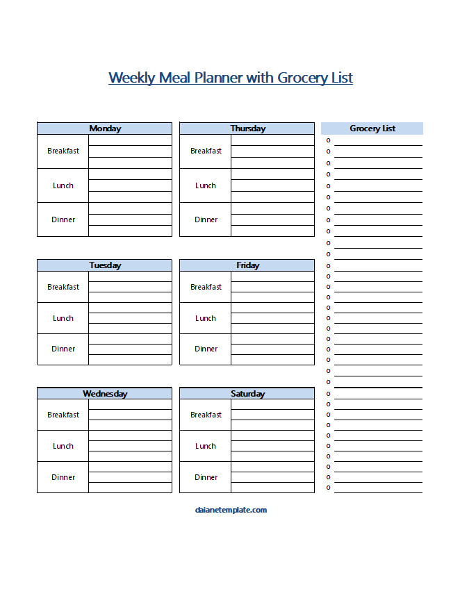 Organized weekly meal planner template showcasing meal ideas for breakfast, lunch, and dinner, accompanied by a comprehensive grocery list for easy shopping.