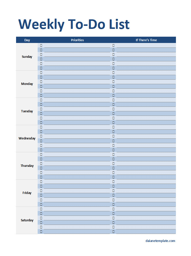 Weekly to-do list template featuring organized sections for each day of the week, with checkboxes for task completion.